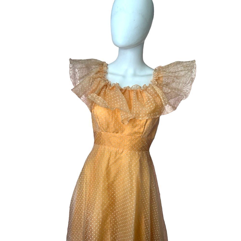 Vtg 1960s Orange Polka Dot Chiffon Ruffle Maxi Prairie Dress sz 10‎ - Picture 6 of 11